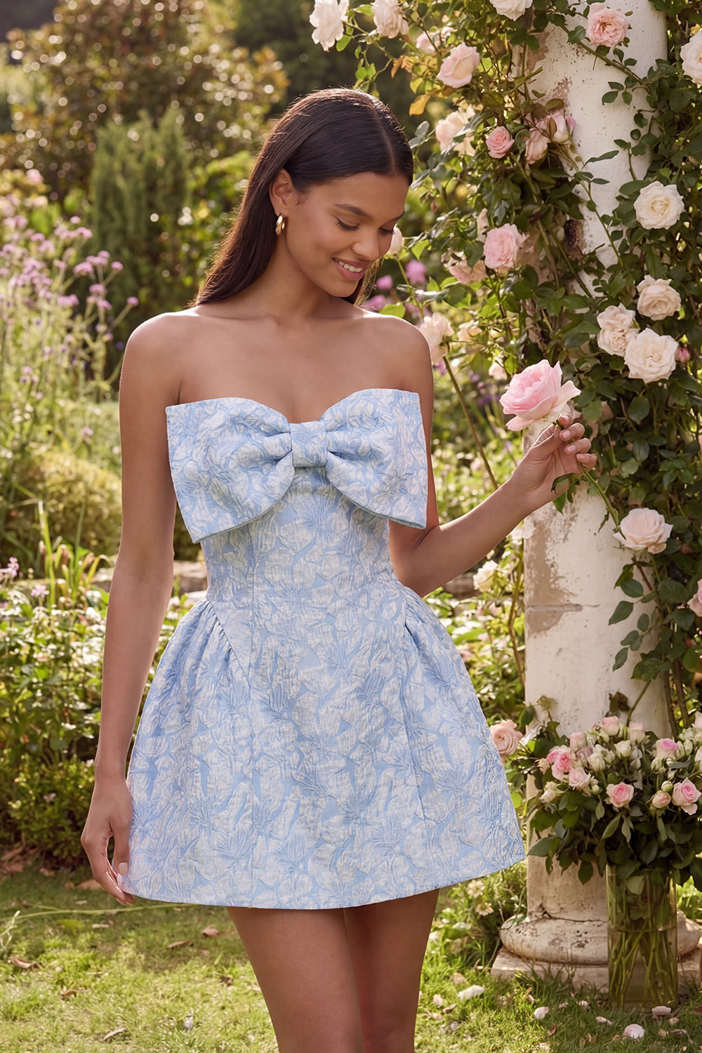 Blue Strapless A Line Short Floral Wedding Guest Dress with Bow