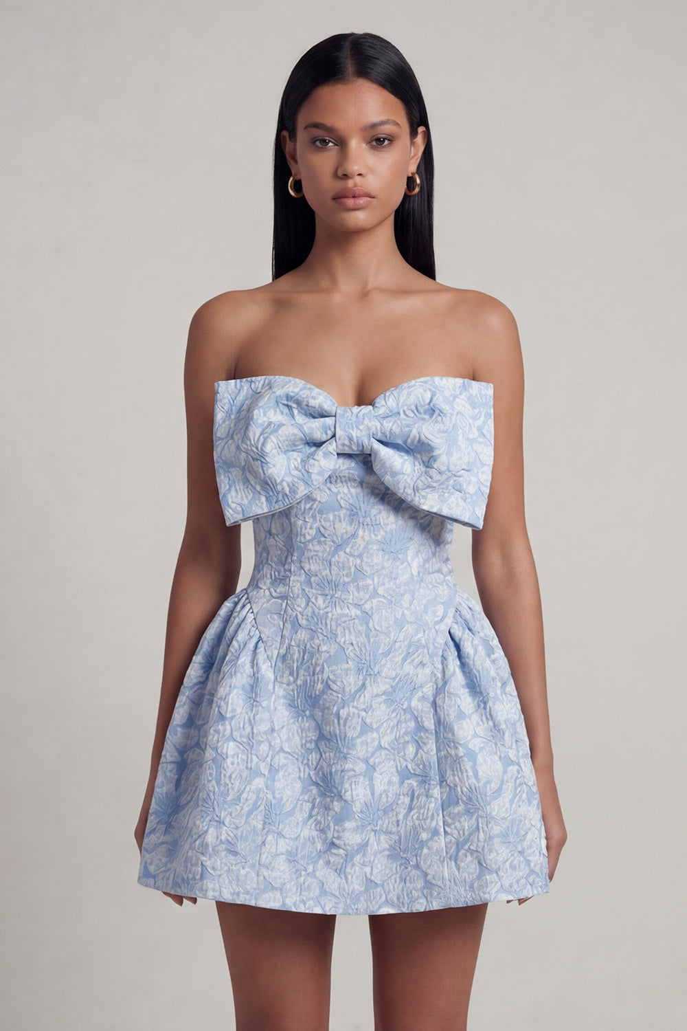 Blue Strapless A Line Short Floral Wedding Guest Dress with Bow