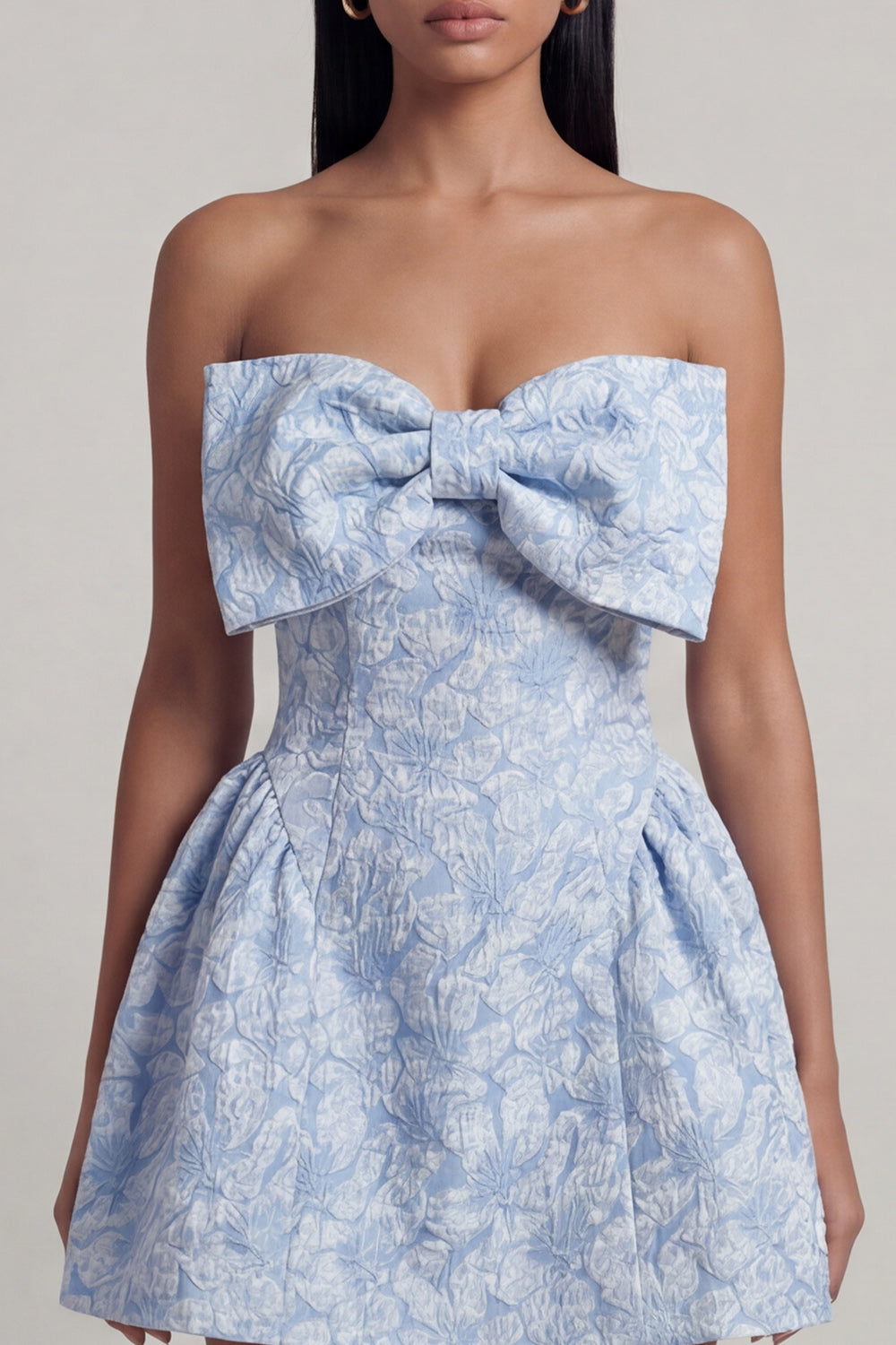 Blue Strapless A Line Short Floral Wedding Guest Dress with Bow
