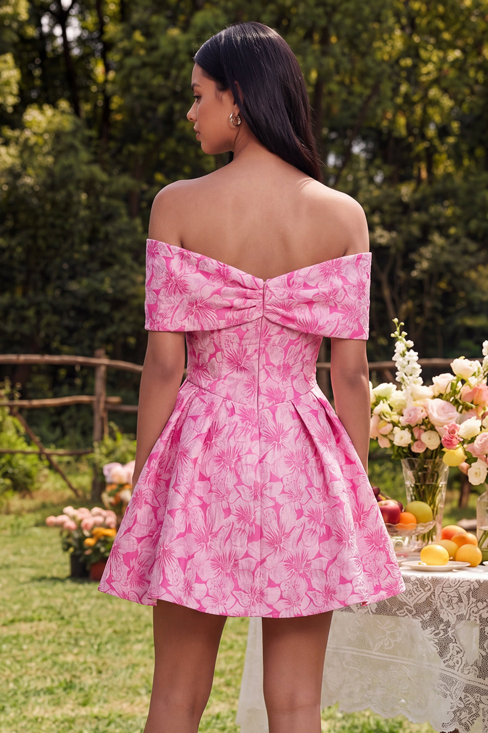 Fuchsia A Line Floral Off the Shoulder Short Homecoming Dress with Bow