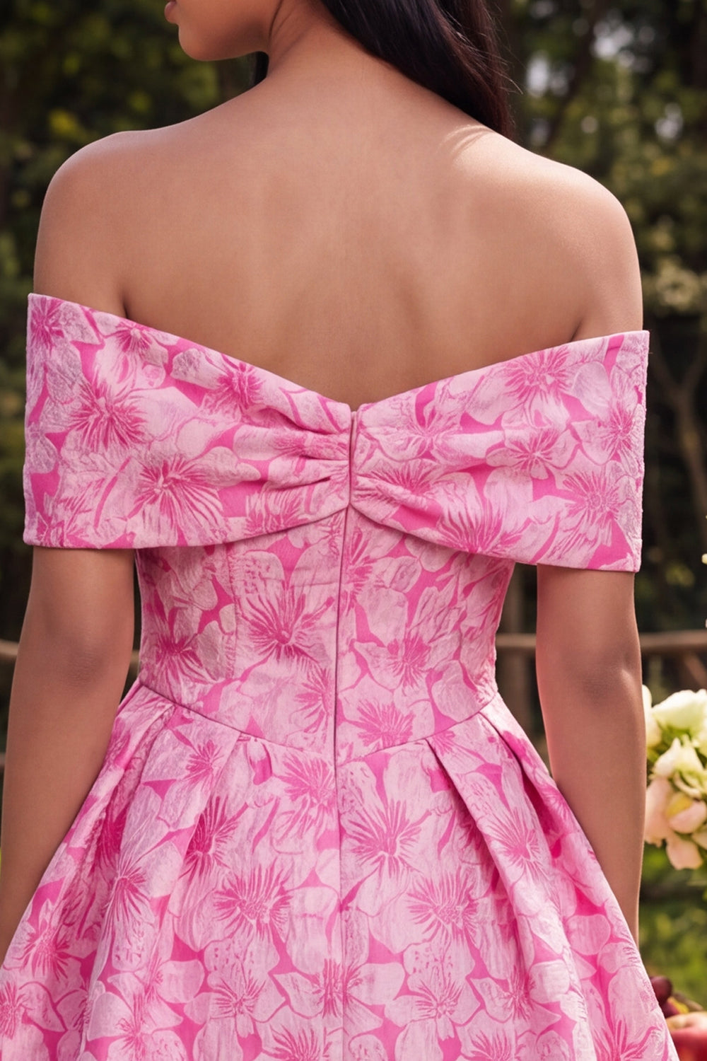 Fuchsia A Line Floral Off the Shoulder Short Homecoming Dress with Bow