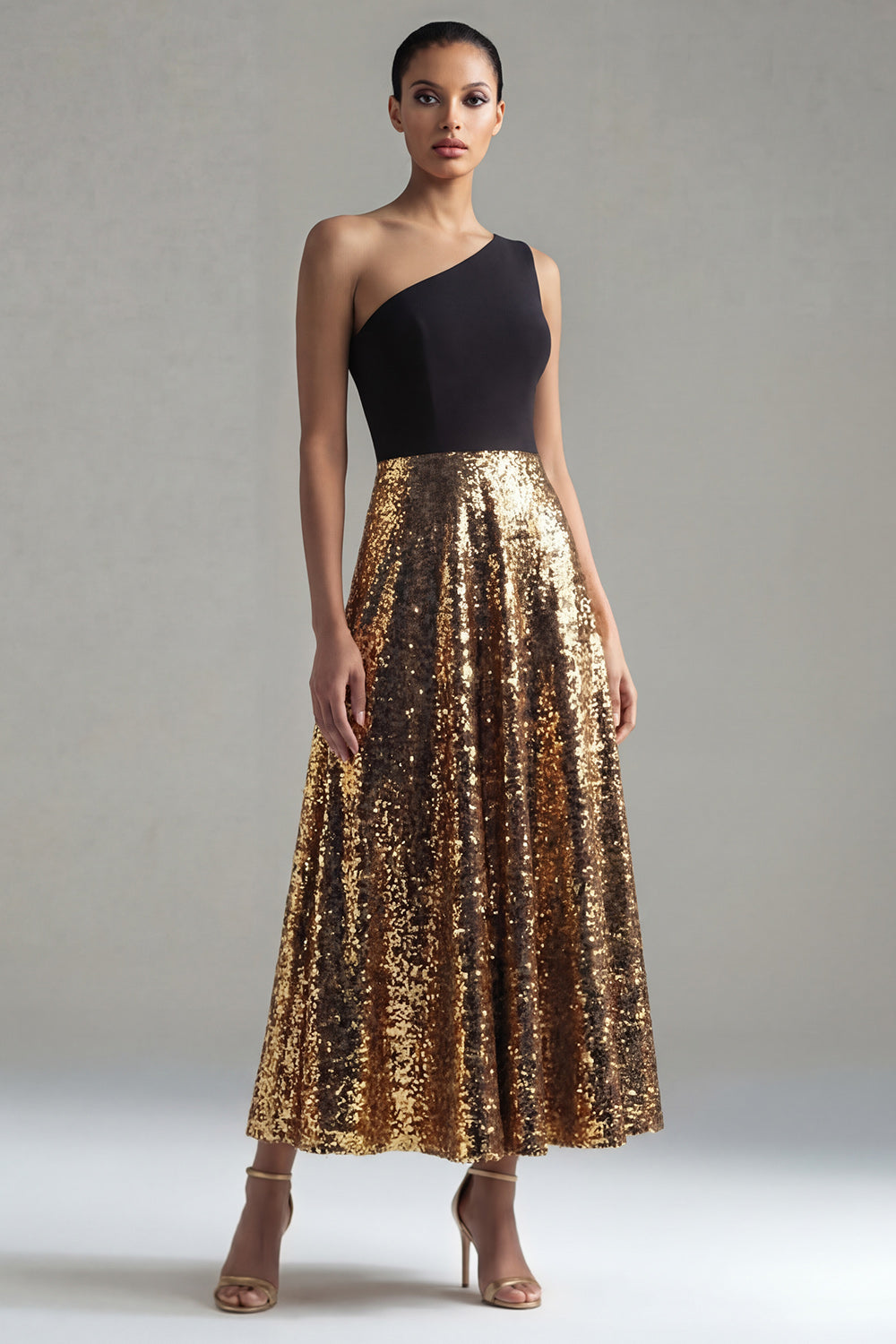 Black and Gold Glitter One Shoulder A Line Maxi Sequin Formal Dress