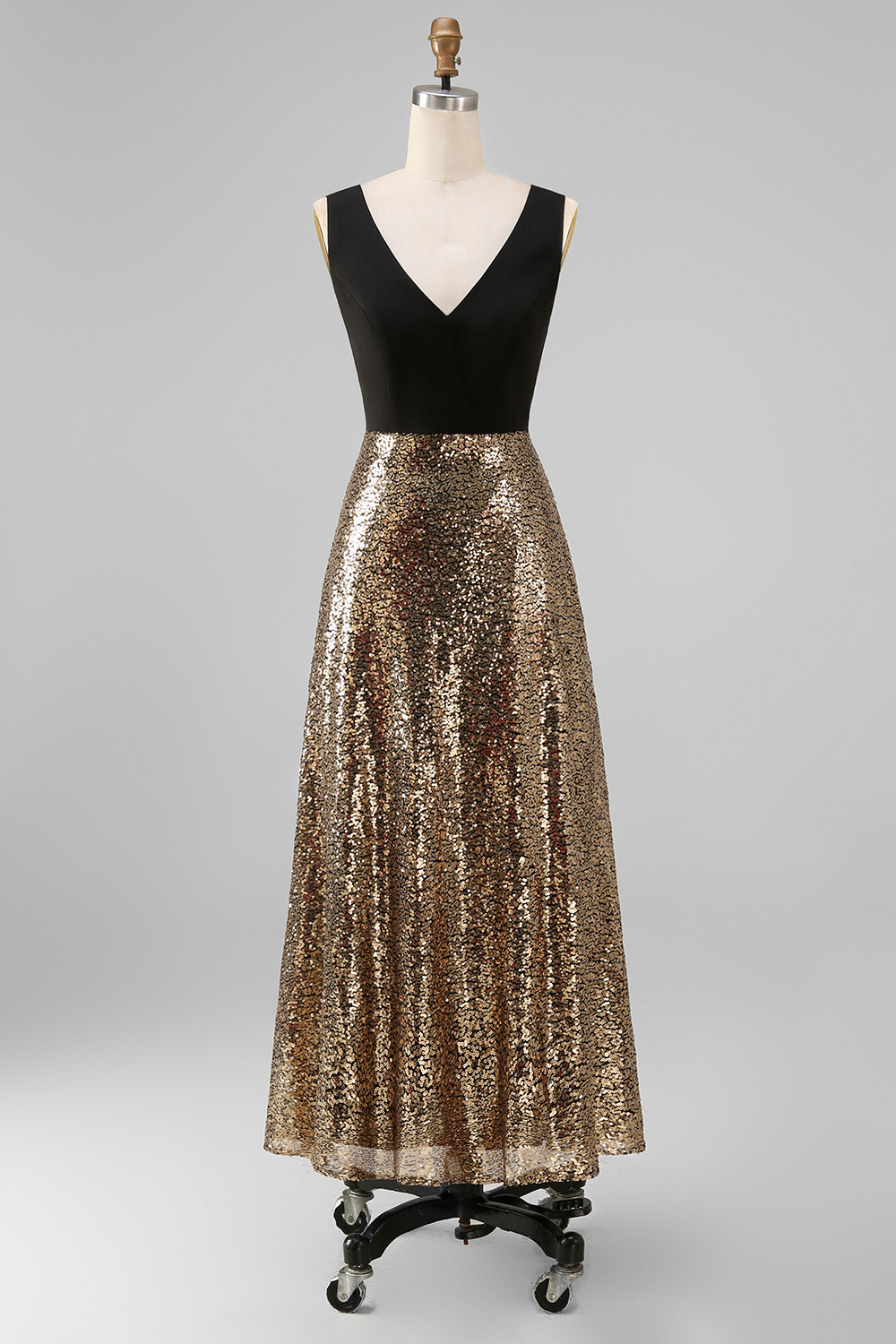 Black and Gold Glitter A Line V-Neck Maxi Sequin Formal Dress