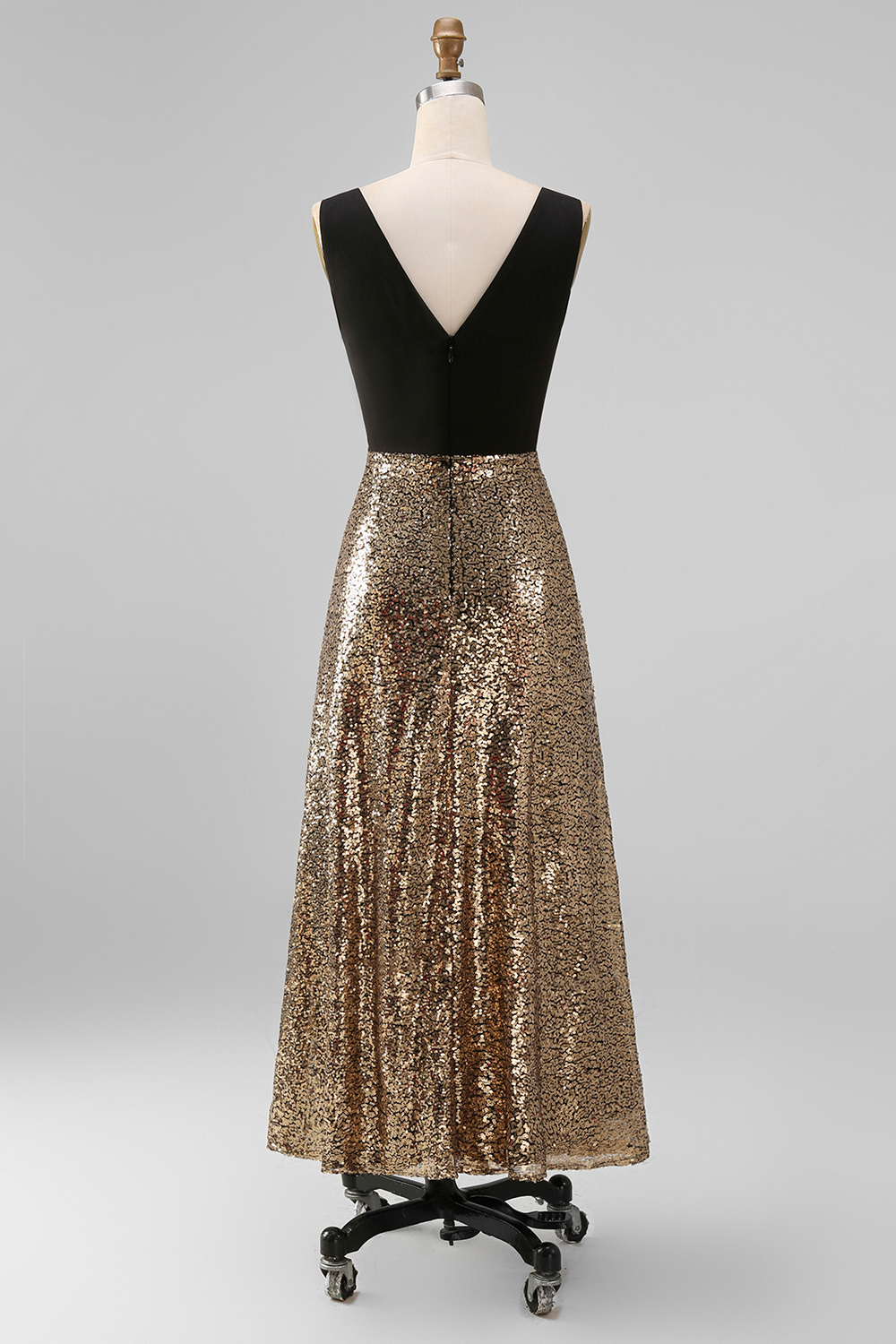 Black and Gold Glitter A Line V-Neck Maxi Sequin Formal Dress