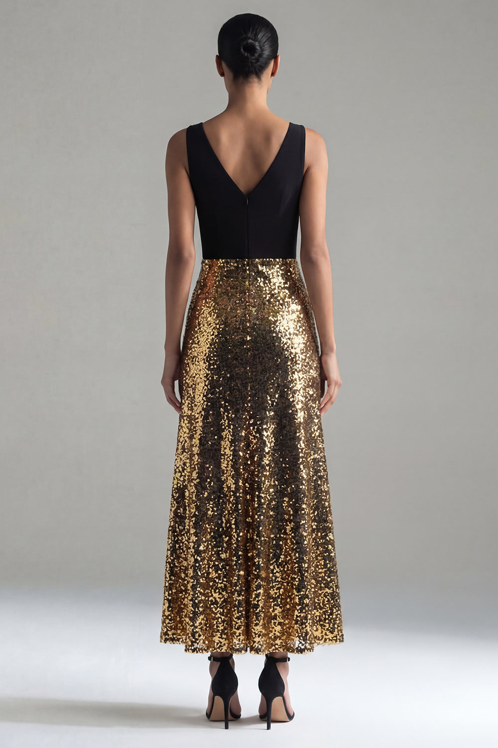 Black and Gold Glitter A Line V-Neck Maxi Sequin Formal Dress