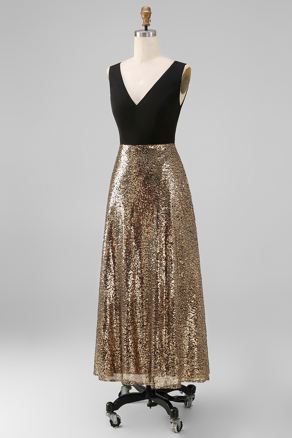 Black and Gold Glitter A Line V-Neck Maxi Sequin Formal Dress