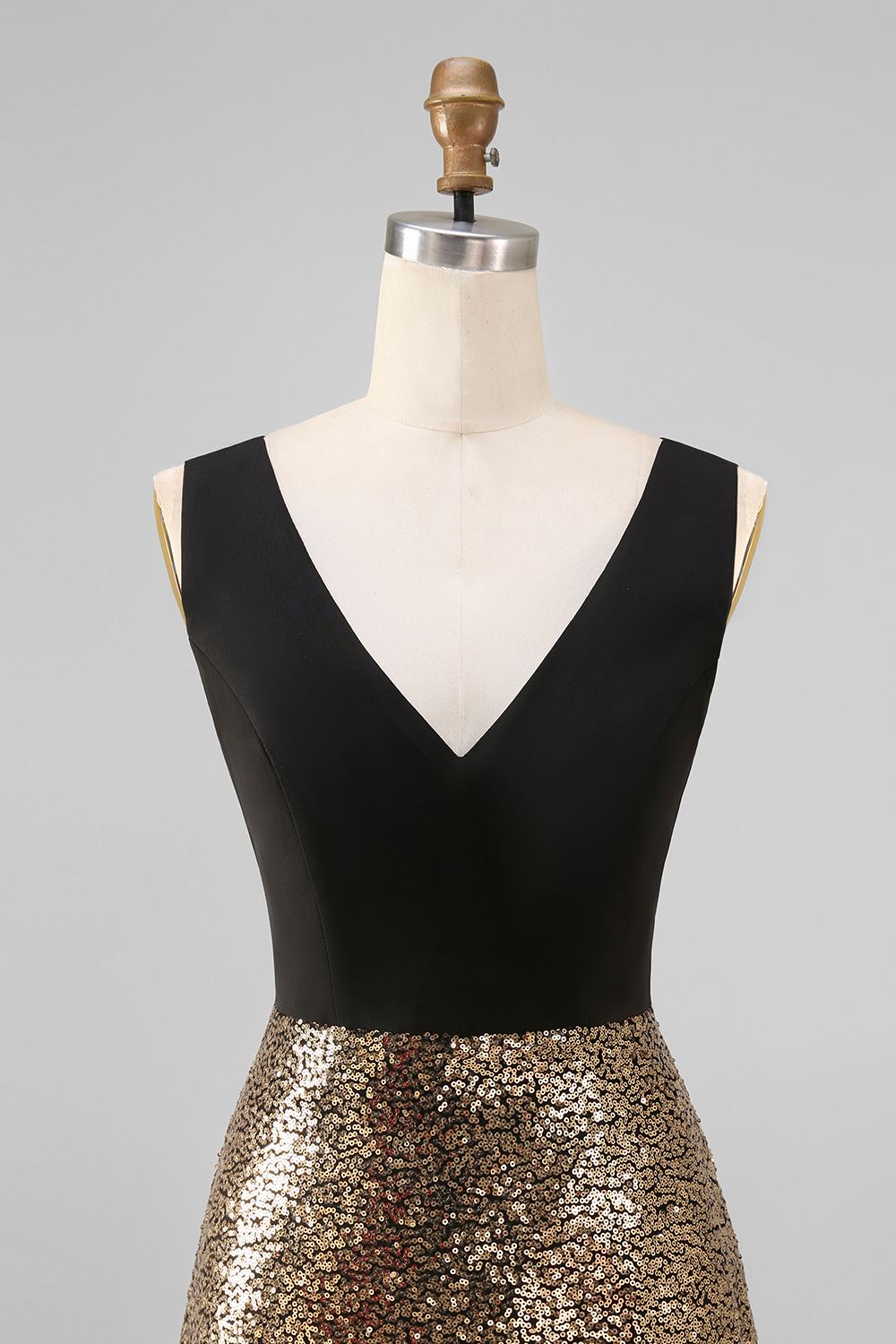 Black and Gold Glitter A Line V-Neck Maxi Sequin Formal Dress