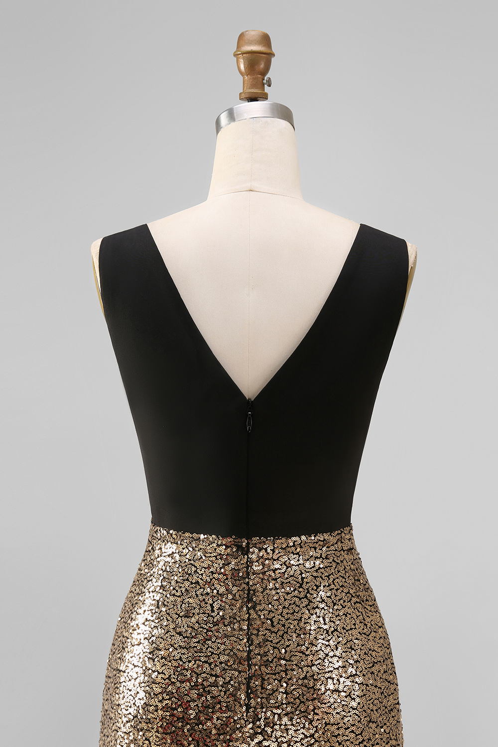 Black and Gold Glitter A Line V-Neck Maxi Sequin Formal Dress
