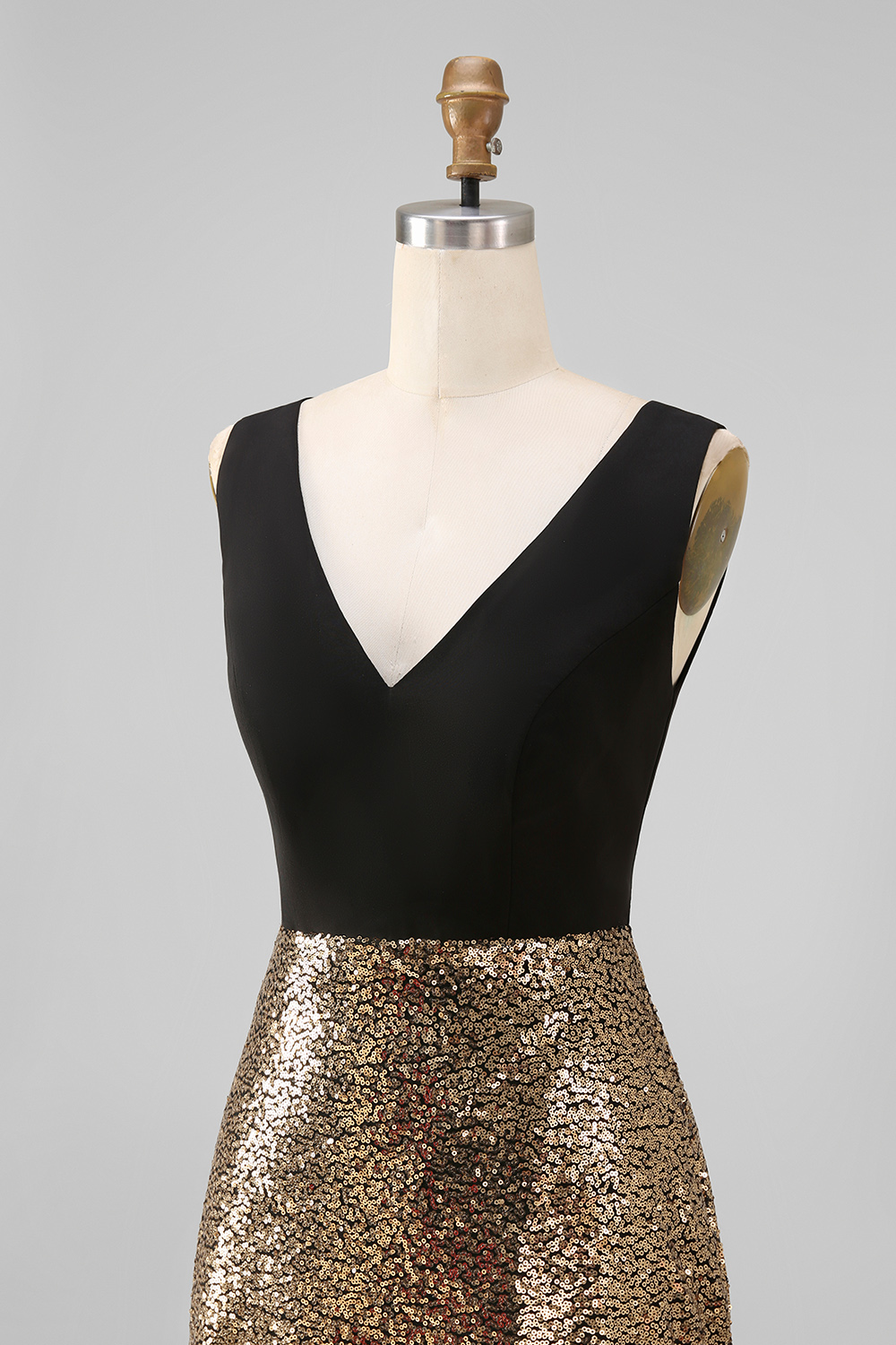 Black and Gold Glitter A Line V-Neck Maxi Sequin Formal Dress