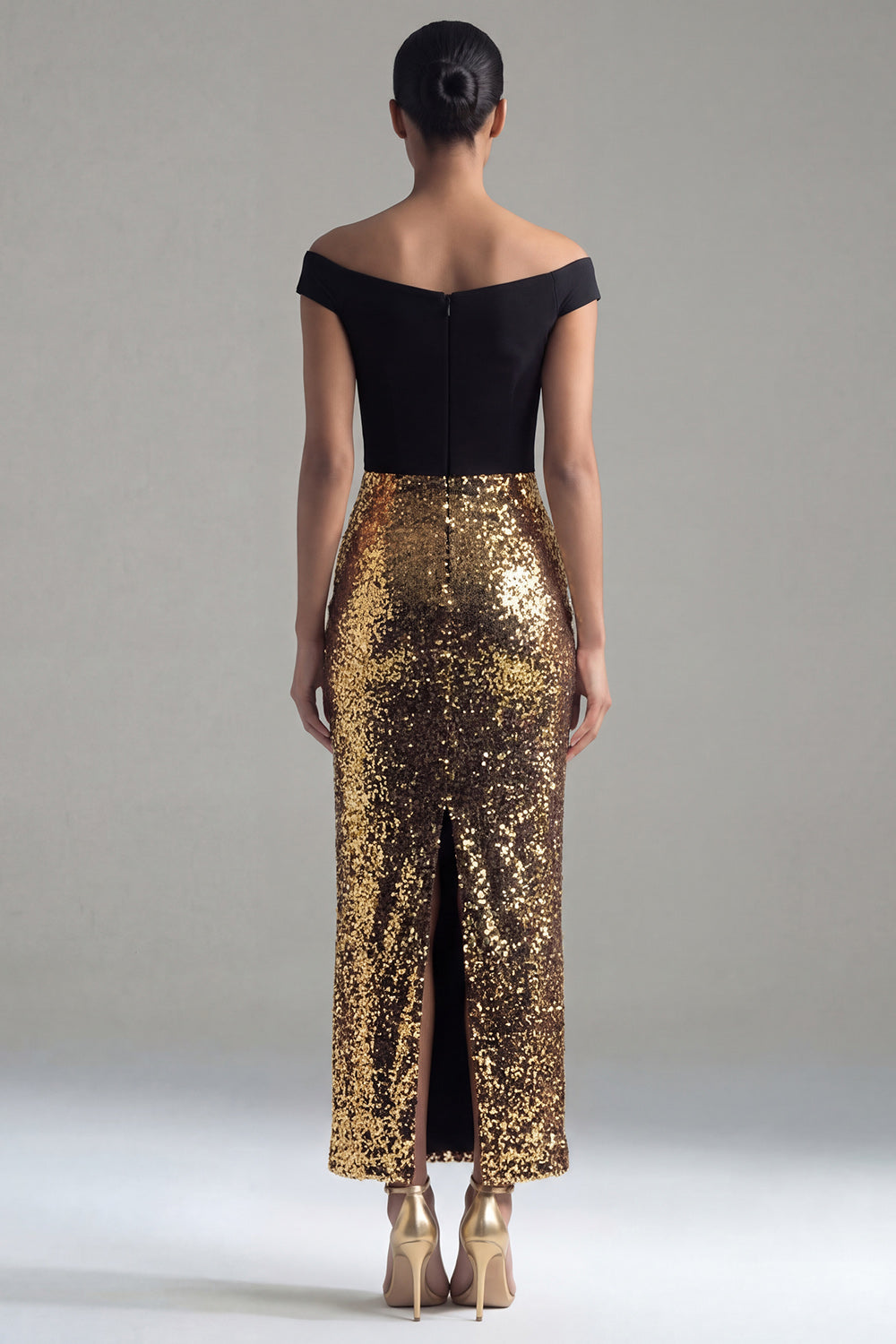 Black and Gold Off the Shoulder Glitter Sheath Maxi Sequin Formal Dress with Back Slit