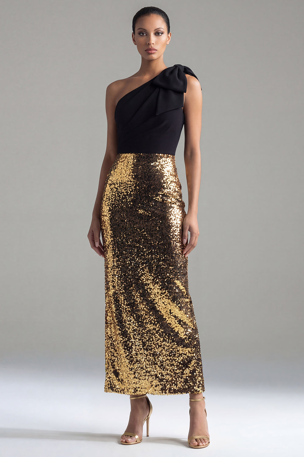 Black and Gold One Shoulder Glitter Sheath Sequin Maxi Formal Dress with Bow