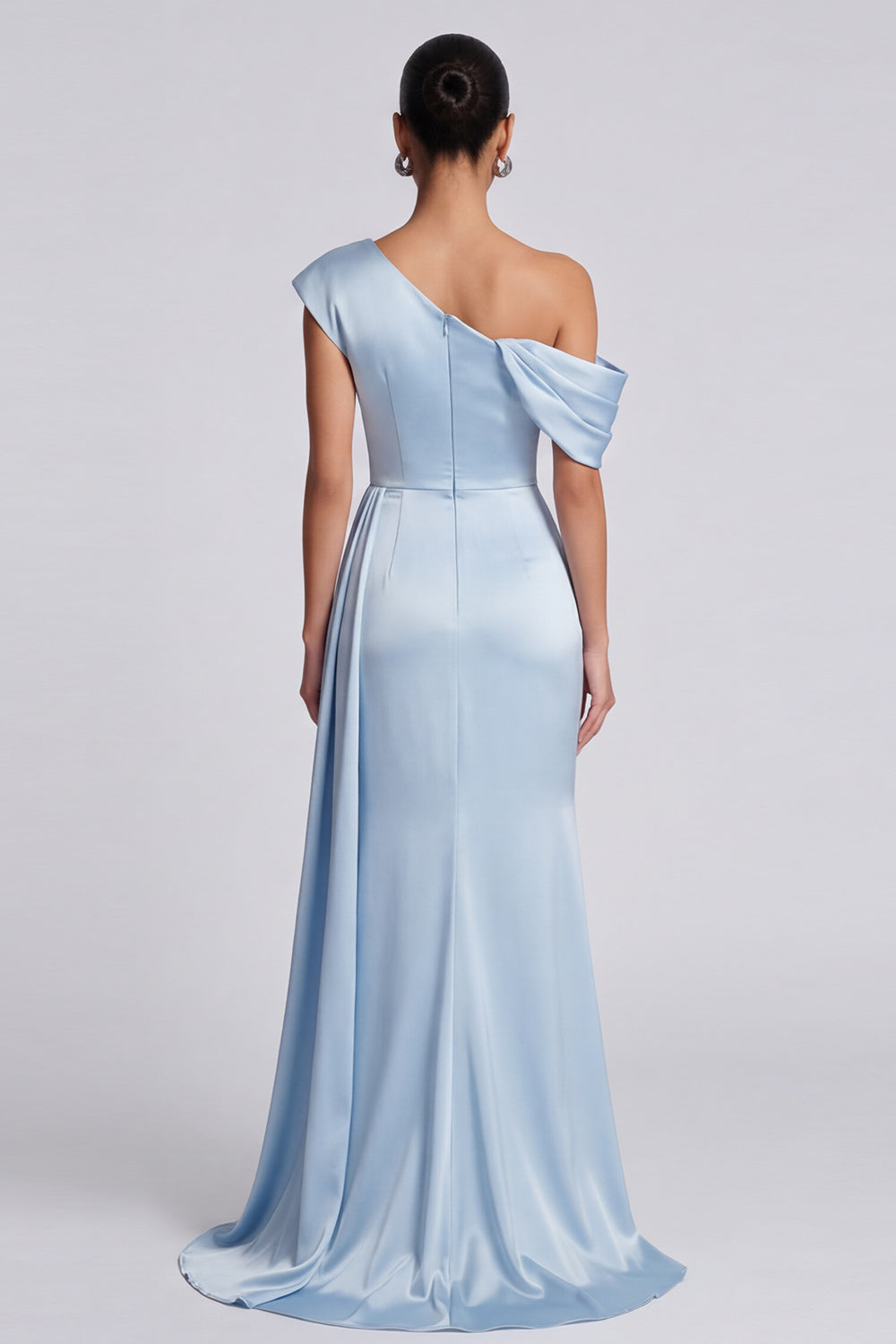 Sky Blue Ruched One Shoulder Mermaid Long Wedding Guest Dress with Side Cape