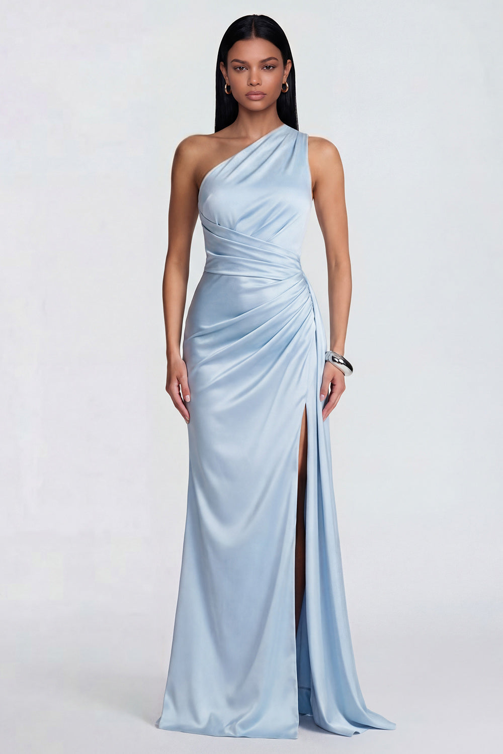 Sky Blue Ruched One Shoulder Long Mermaid Wedding Guest Dress with Slit