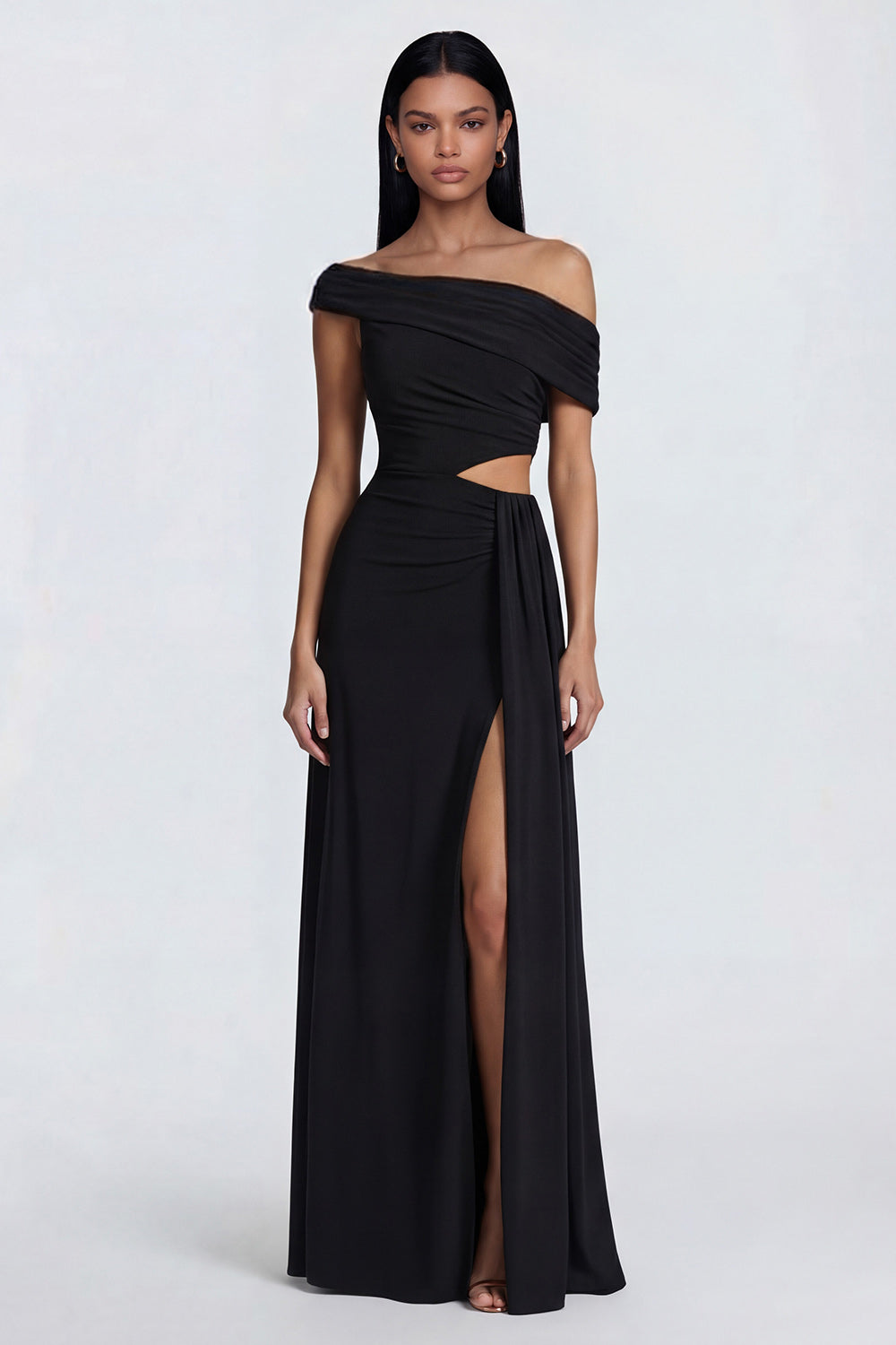 Black Ruched Sheath Cut Out Long Wedding Guest Dress with Side Cape