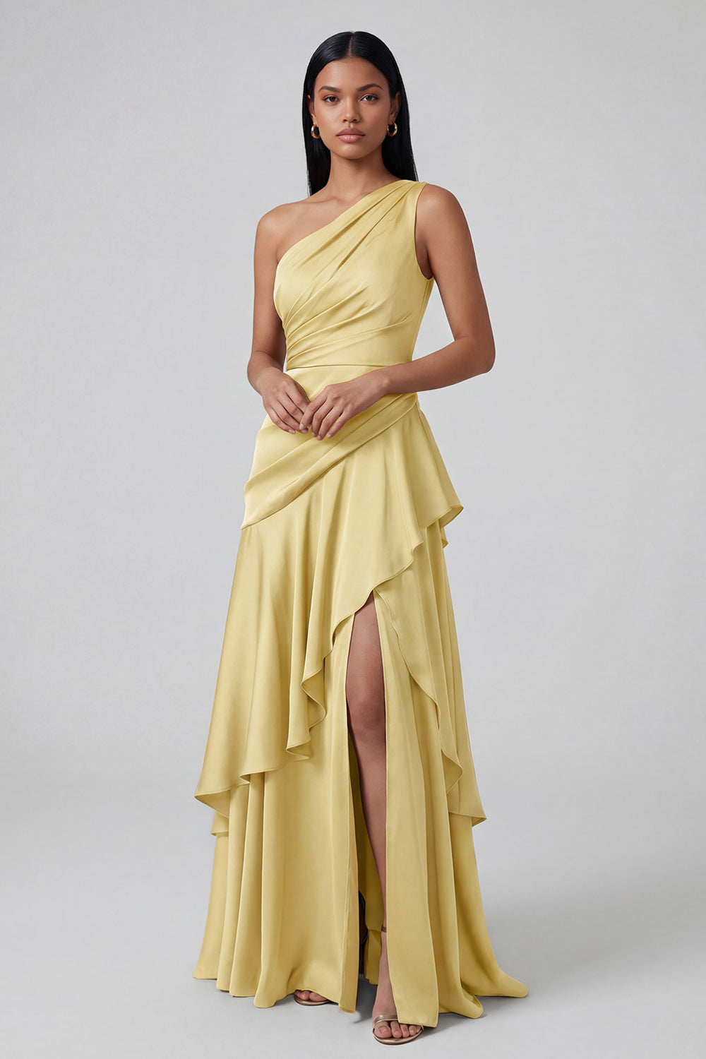 Yellow One Shoulder Ruched Butter Long A Line Wedding Guest Dress with Ruffles