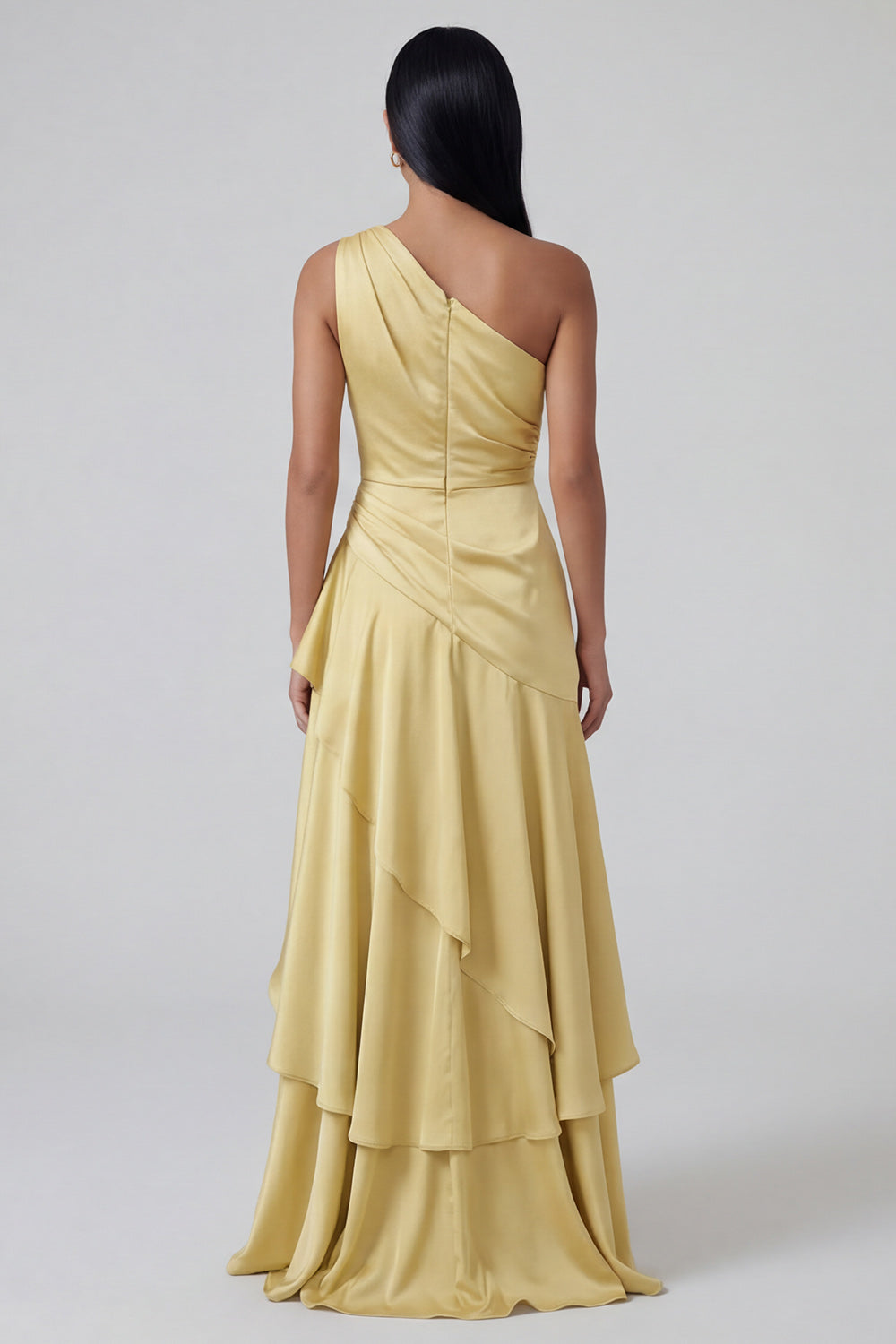 Yellow One Shoulder Ruched Butter Long A Line Wedding Guest Dress with Ruffles