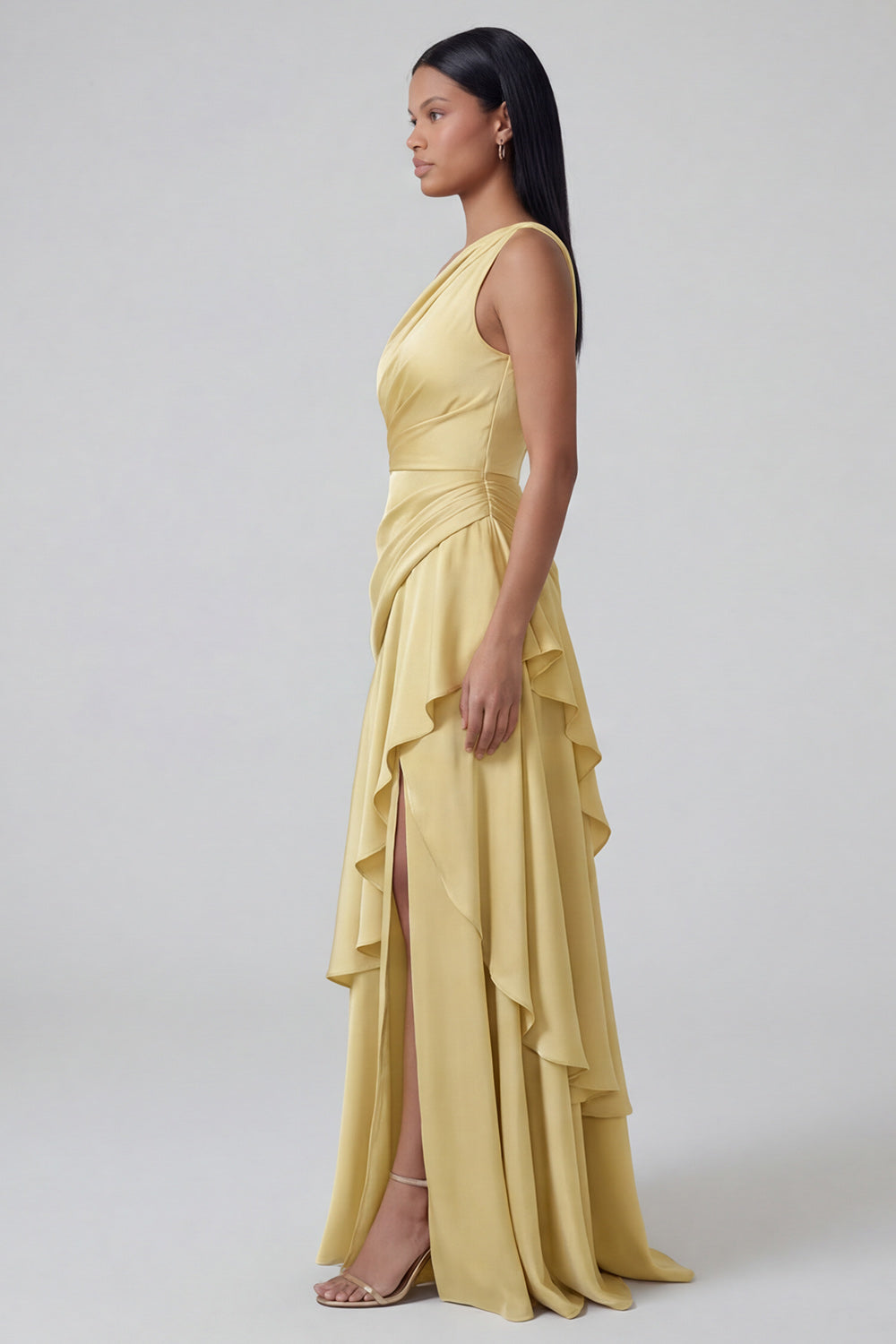 Yellow One Shoulder Ruched Butter Long A Line Wedding Guest Dress with Ruffles