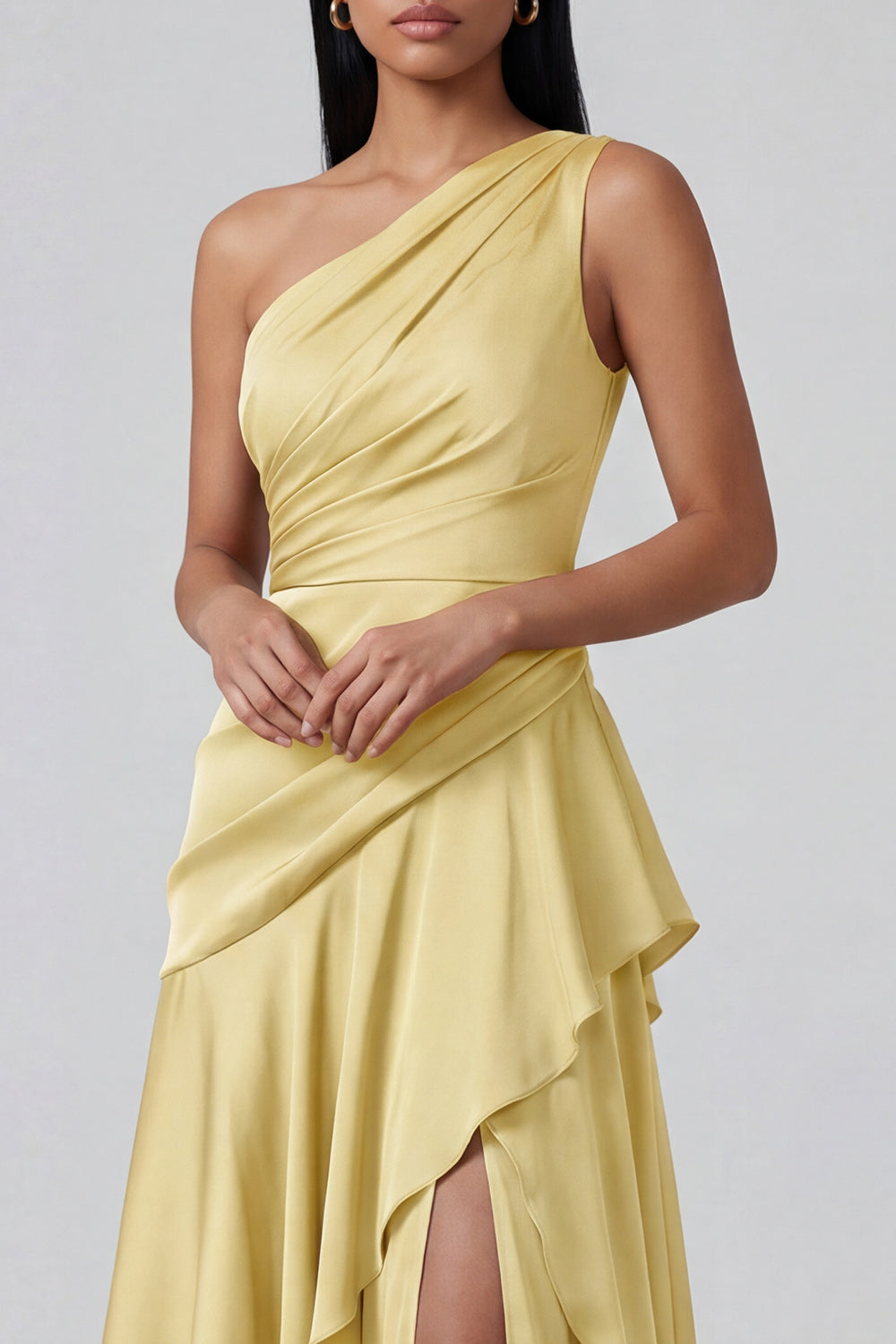 Yellow One Shoulder Ruched Butter Long A Line Wedding Guest Dress with Ruffles