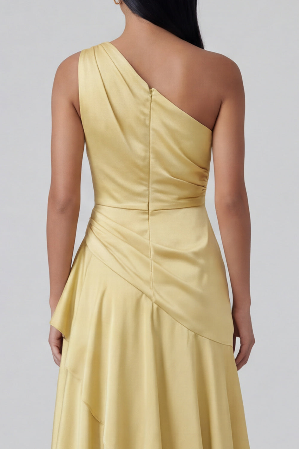Yellow One Shoulder Ruched Butter Long A Line Wedding Guest Dress with Ruffles