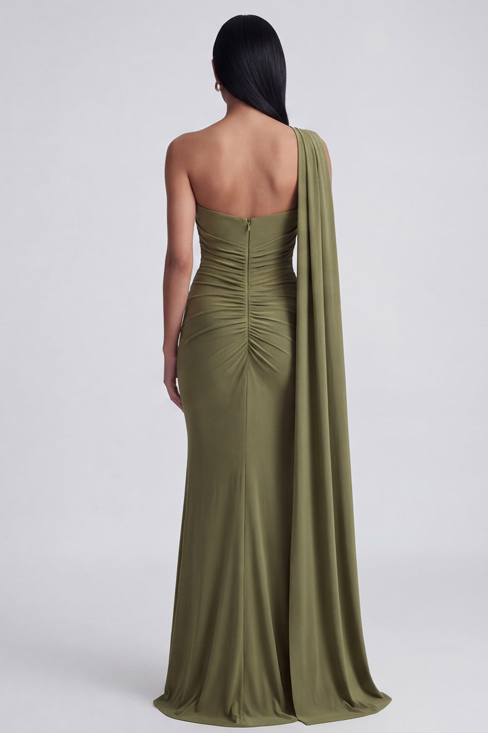 Olive Floral Ruched One Shoulder Mermaid Long Wedding Guest Dress with Side Cape