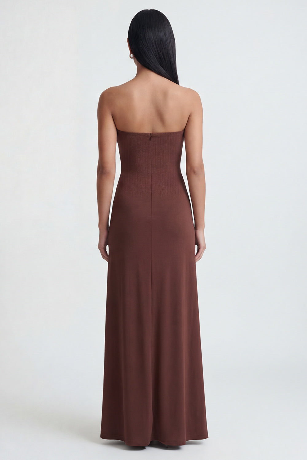 Brown Strapless Ruched Sheath Long Wedding Guest Dress with Slit