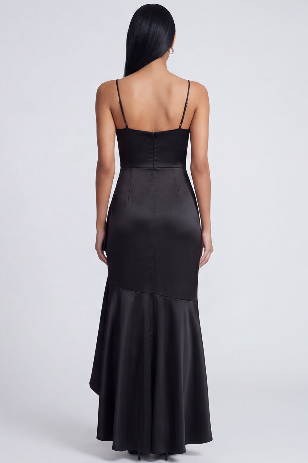 Ruffled Mermaid Spaghetti Straps Black Ruched Long Wedding Guest Dress with Slit