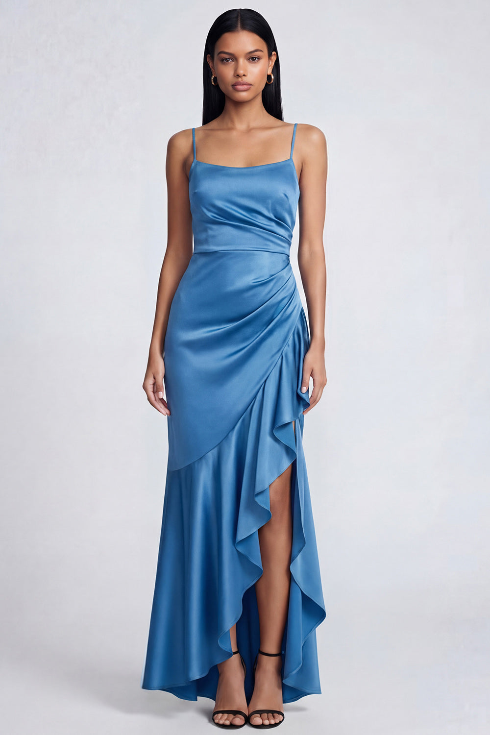 Ruffled Mermaid Spaghetti Straps Black Ruched Long Wedding Guest Dress with Slit