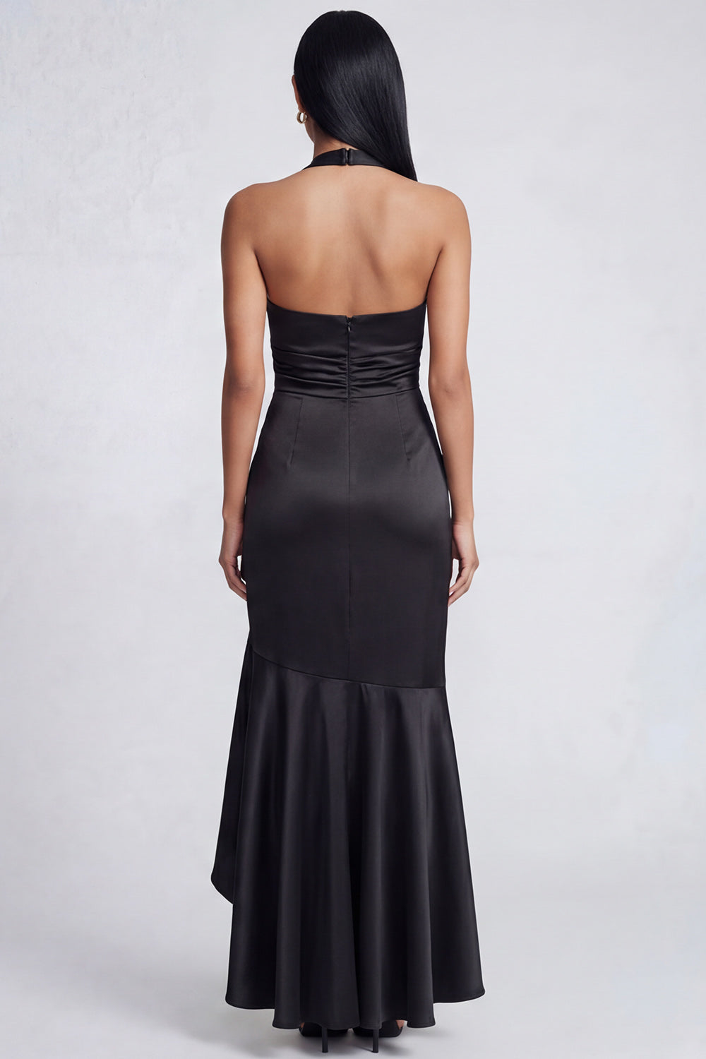Halter Black Ruched Ruffled Mermaid Long Wedding Guest Dress with Slit