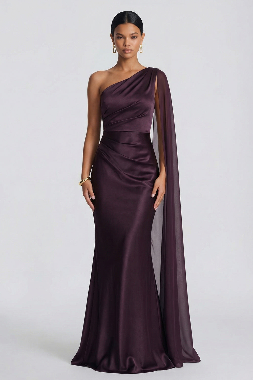Cabernet Ruched One Shoulder Long Mermaid Wedding Guest Dress with Side Cape