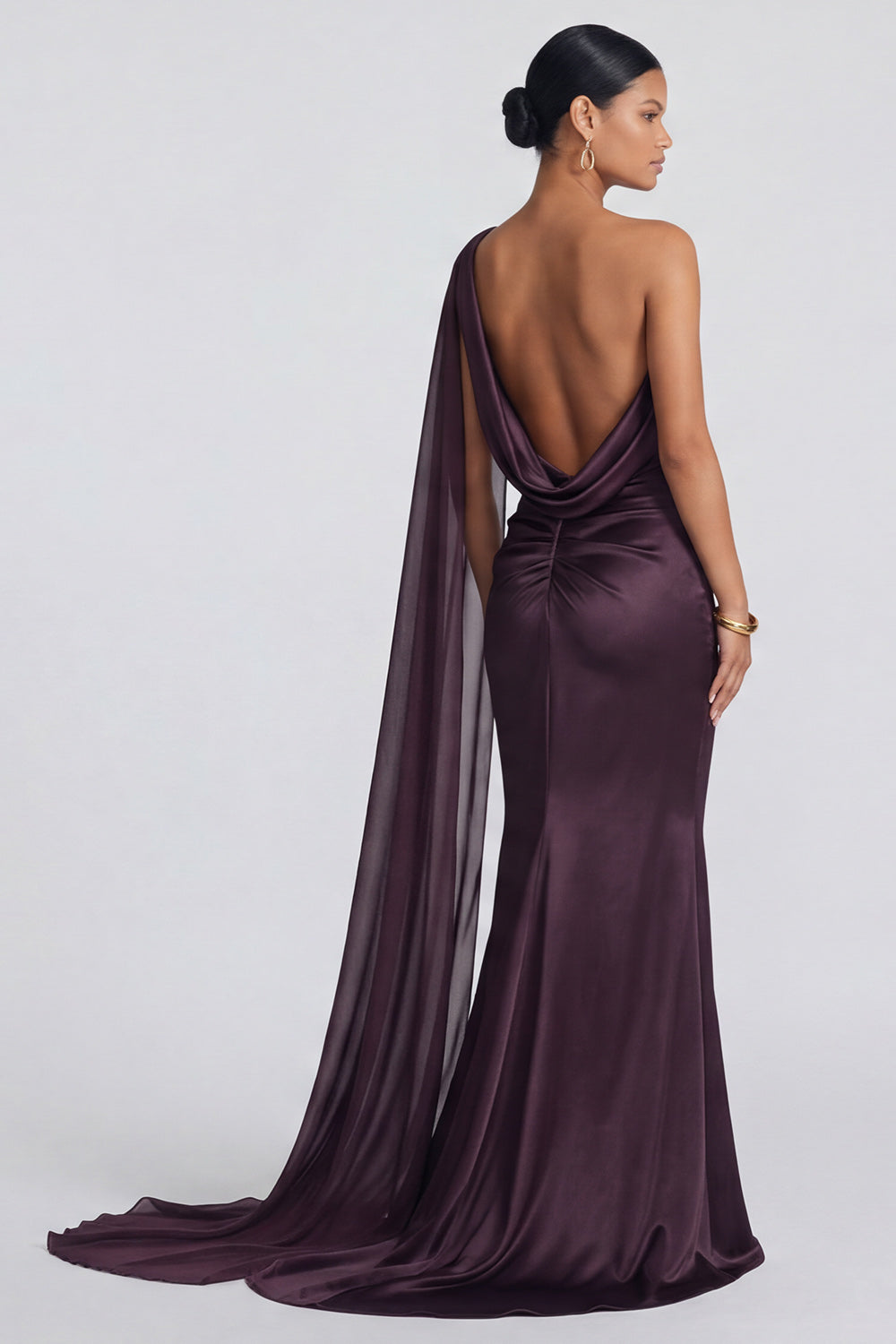 Cabernet Ruched One Shoulder Long Mermaid Wedding Guest Dress with Side Cape