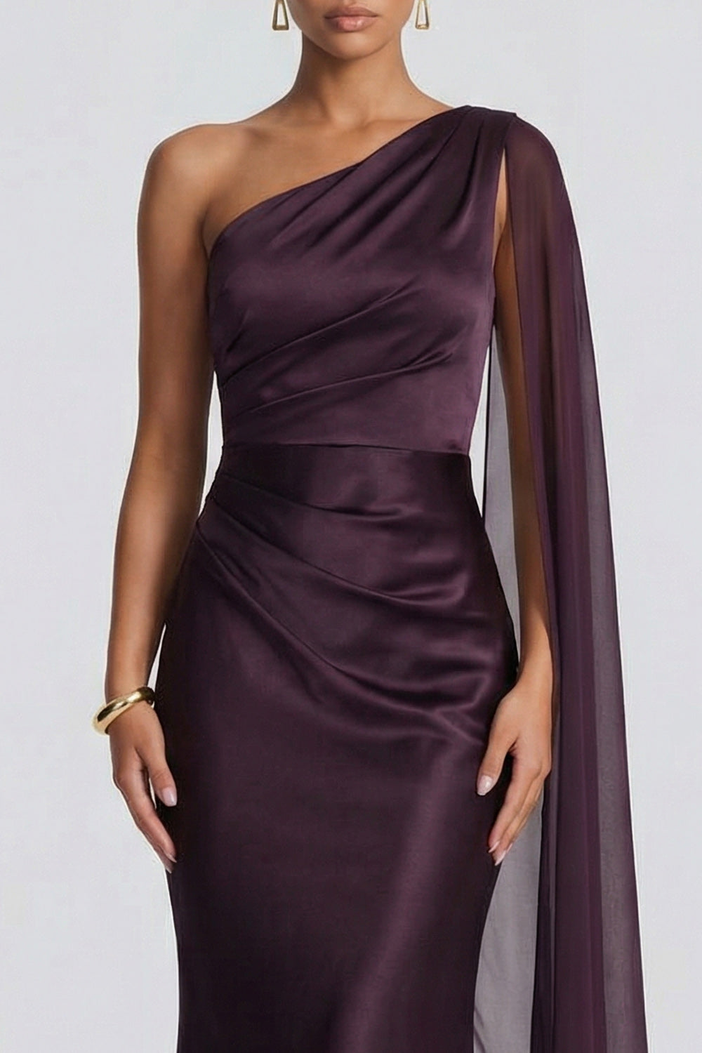 Cabernet Ruched One Shoulder Long Mermaid Wedding Guest Dress with Side Cape