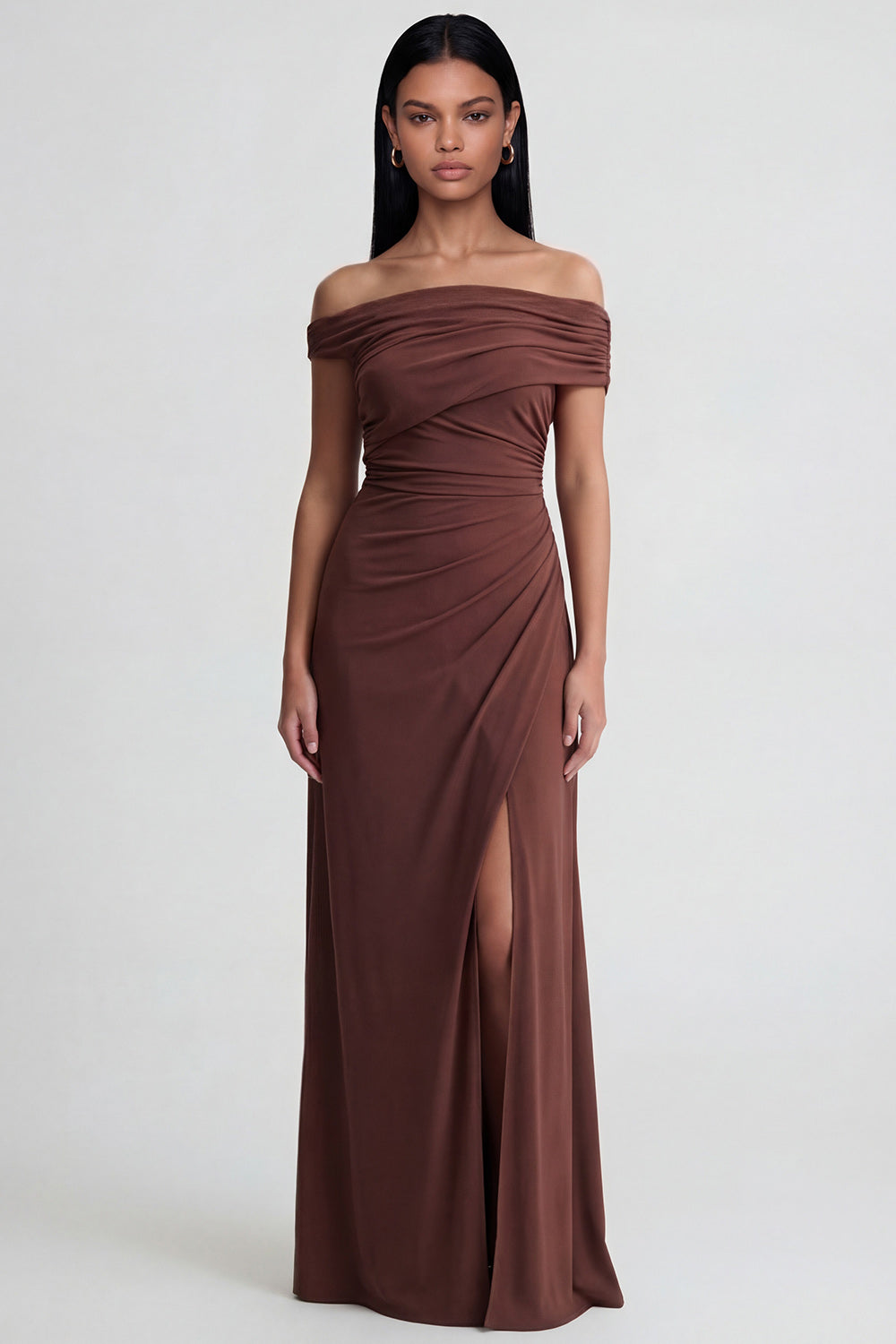 Brown Off the Shoulder Ruched Long Sheath Wedding Guest Dress with Slit