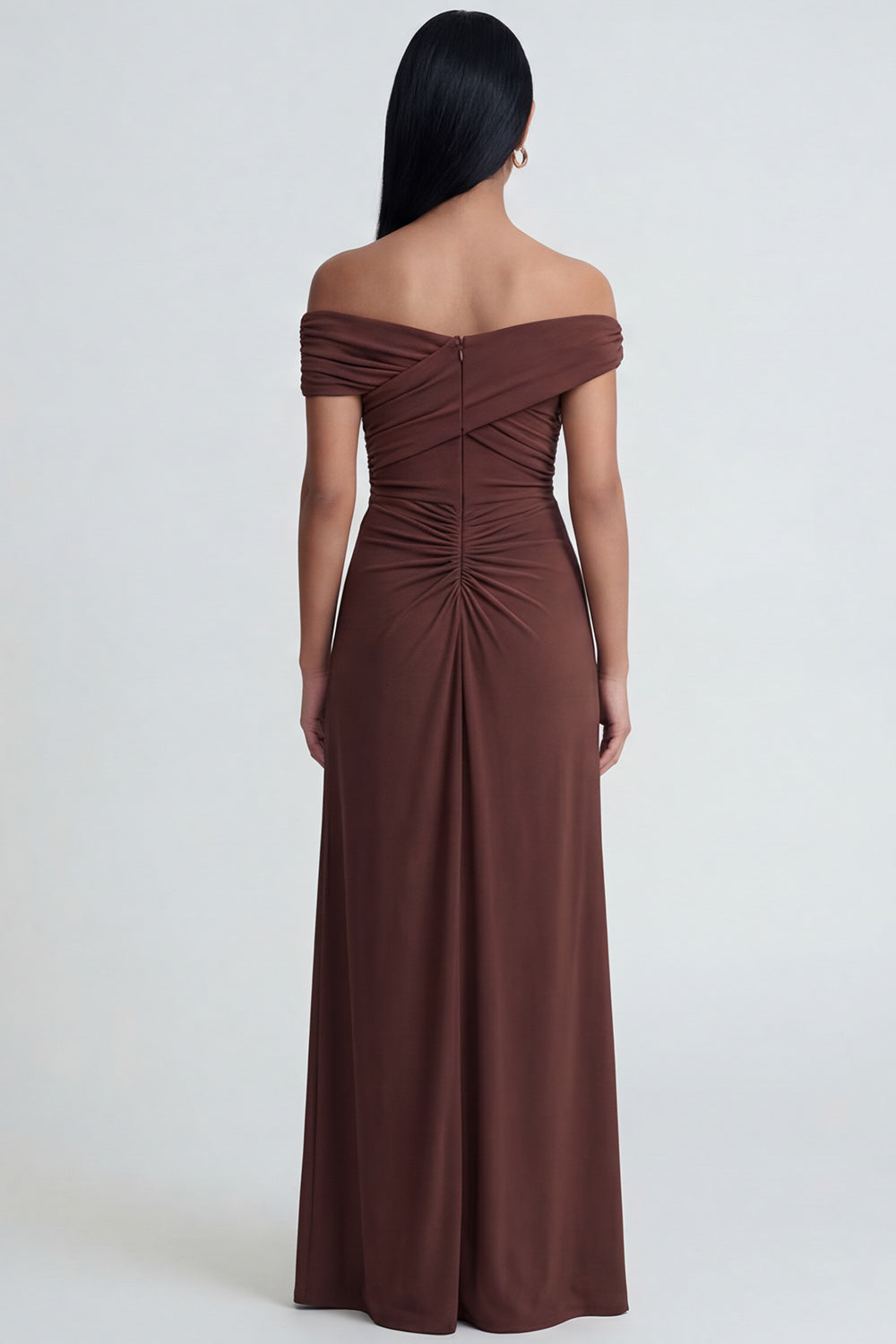 Brown Off the Shoulder Ruched Long Sheath Wedding Guest Dress with Slit