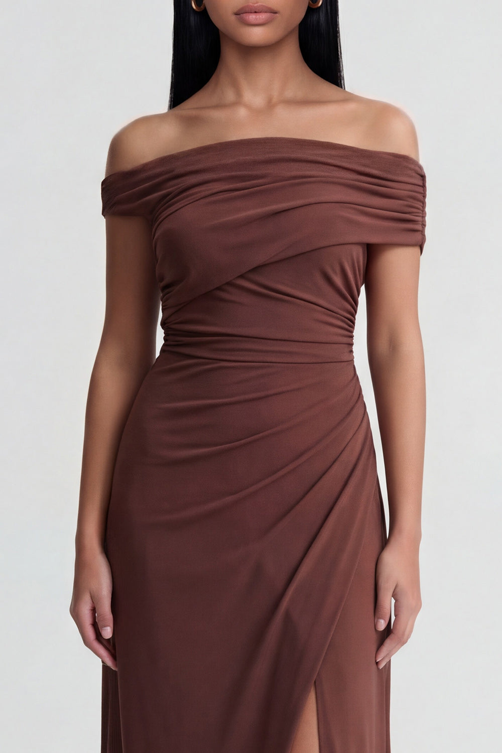 Brown Off the Shoulder Ruched Long Sheath Wedding Guest Dress with Slit