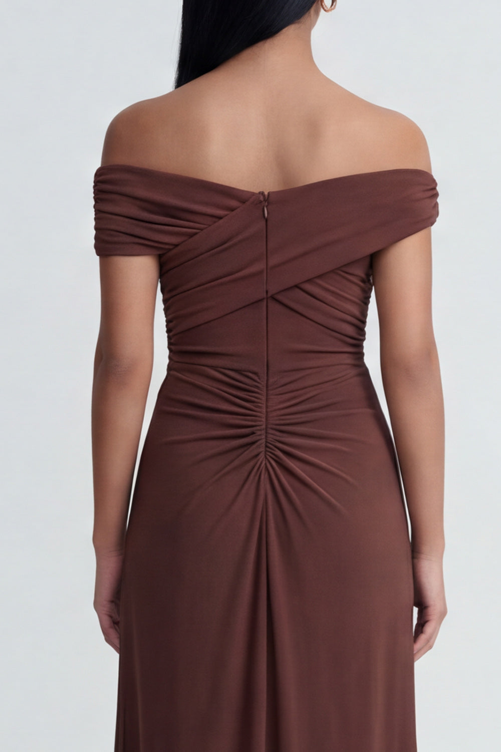 Brown Off the Shoulder Ruched Long Sheath Wedding Guest Dress with Slit
