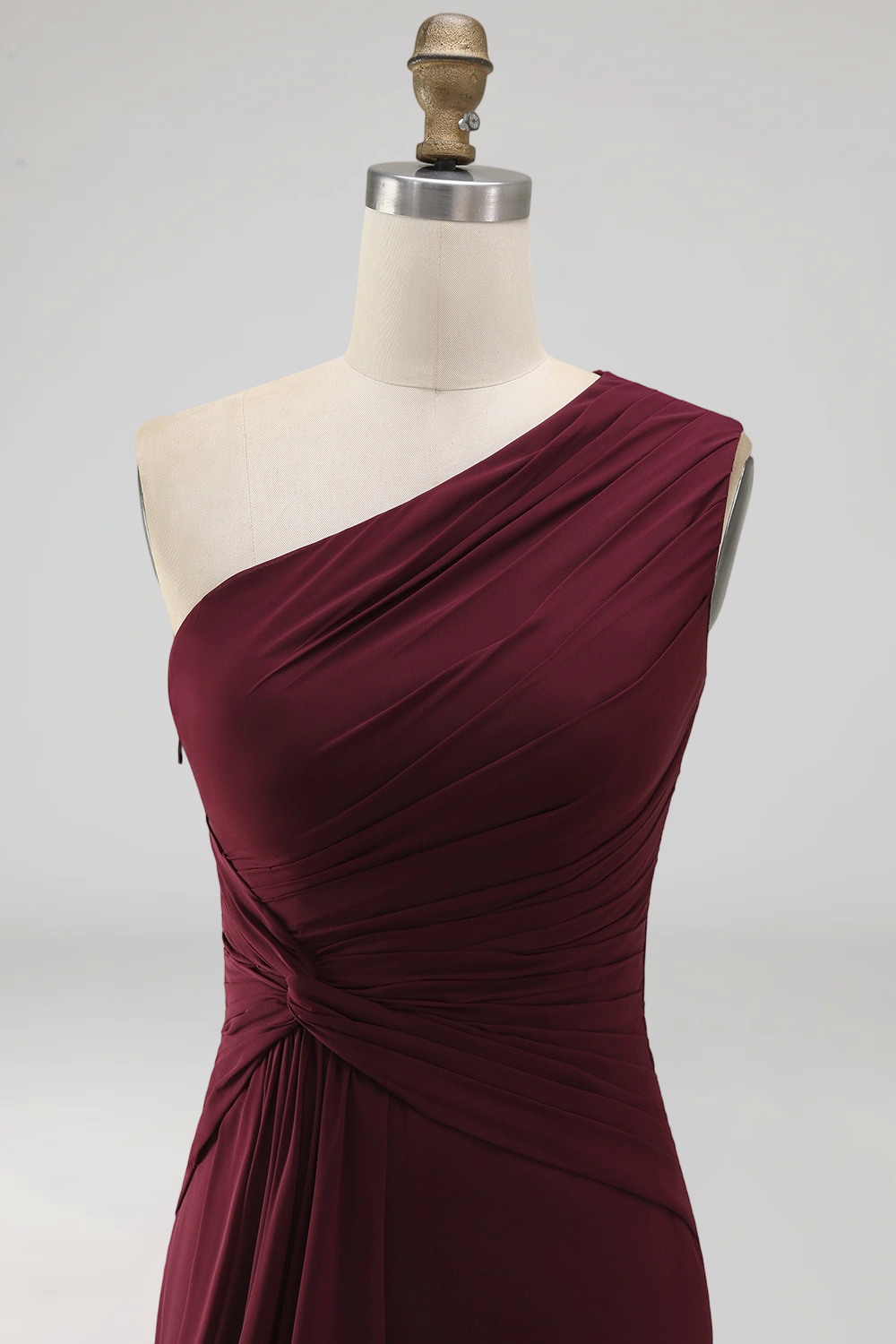 Burgundy One Shoulder Ruched Long Mermaid Wedding Guest Dress with Ruffles