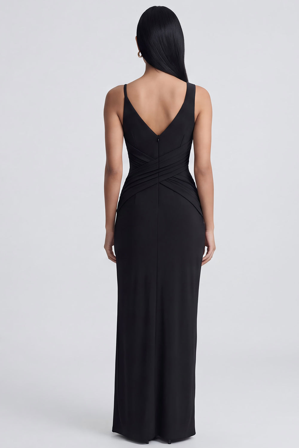 Black V-Neck Ruched Long Sheath Wedding Guest Dress with Slit