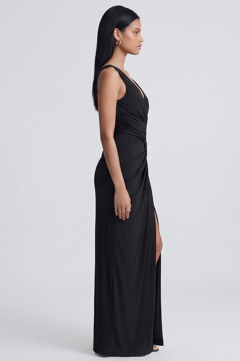 Black V-Neck Ruched Long Sheath Wedding Guest Dress with Slit