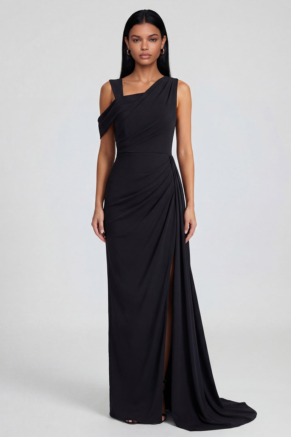 Black Ruched Sheath One Shoulder Long Wedding Guest Dress with Side Cape