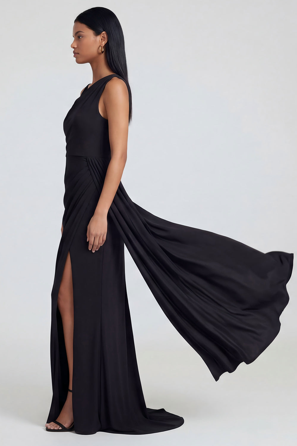 Black Ruched Sheath One Shoulder Long Wedding Guest Dress with Side Cape