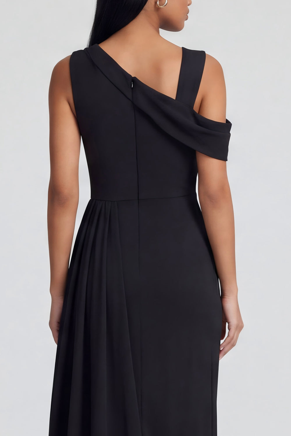 Black Ruched Sheath One Shoulder Long Wedding Guest Dress with Side Cape