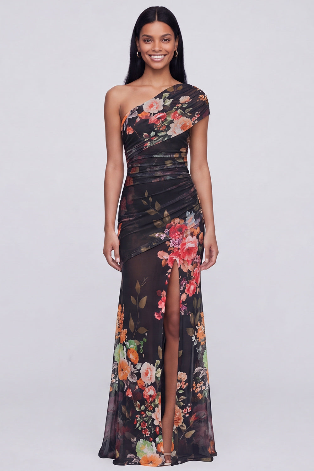 Champagne Floral One Shoulder Ruched Long Mermaid Wedding Guest Dress with Slit