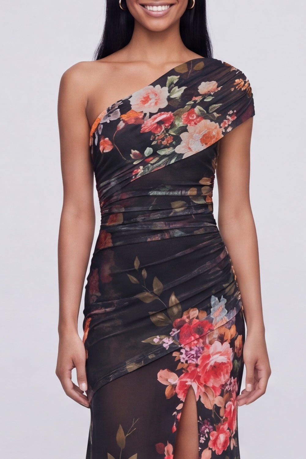 Champagne Floral One Shoulder Ruched Long Mermaid Wedding Guest Dress with Slit