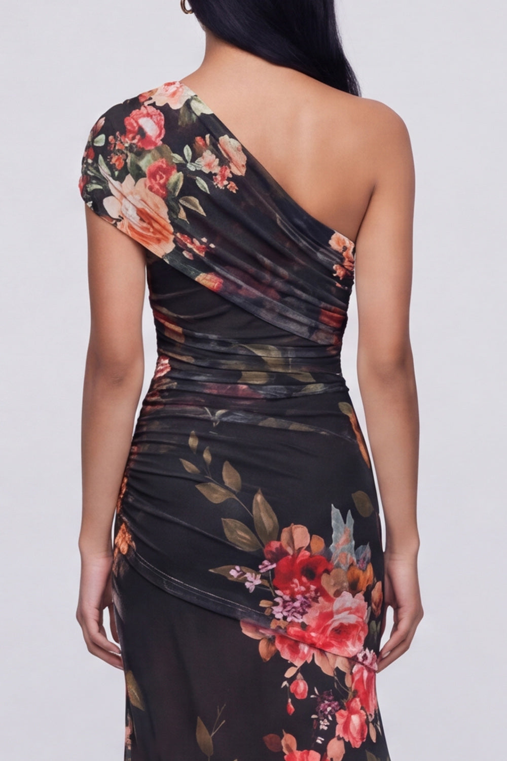 Champagne Floral One Shoulder Ruched Long Mermaid Wedding Guest Dress with Slit