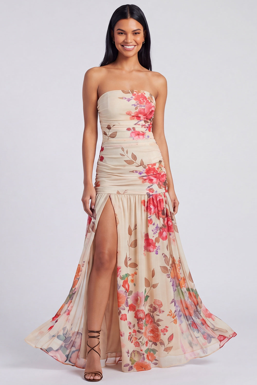 Ivory Floral Strapless Ruched Long A Line Wedding Guest Dress with Slit
