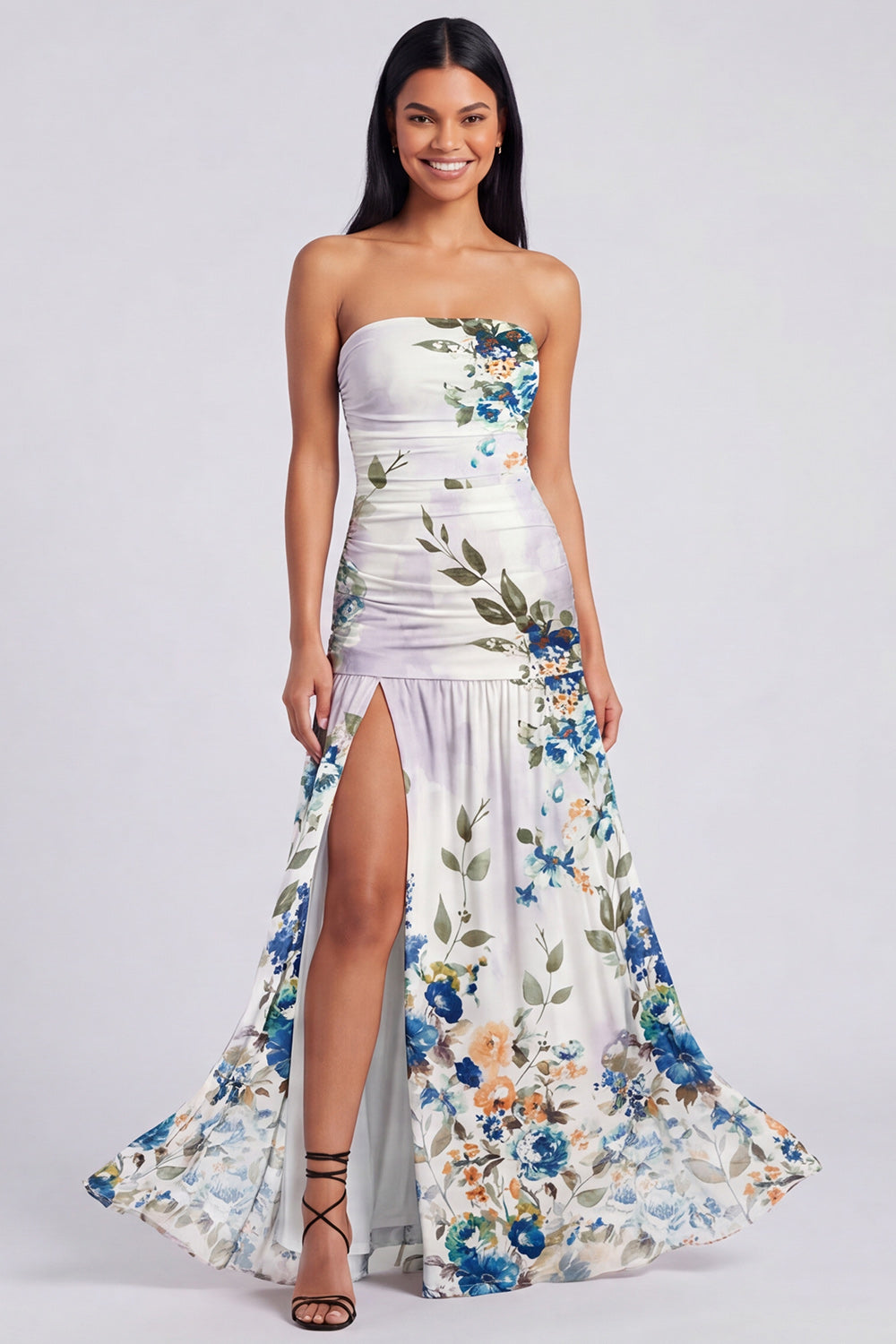 Ivory Floral Strapless Ruched Long A Line Wedding Guest Dress with Slit