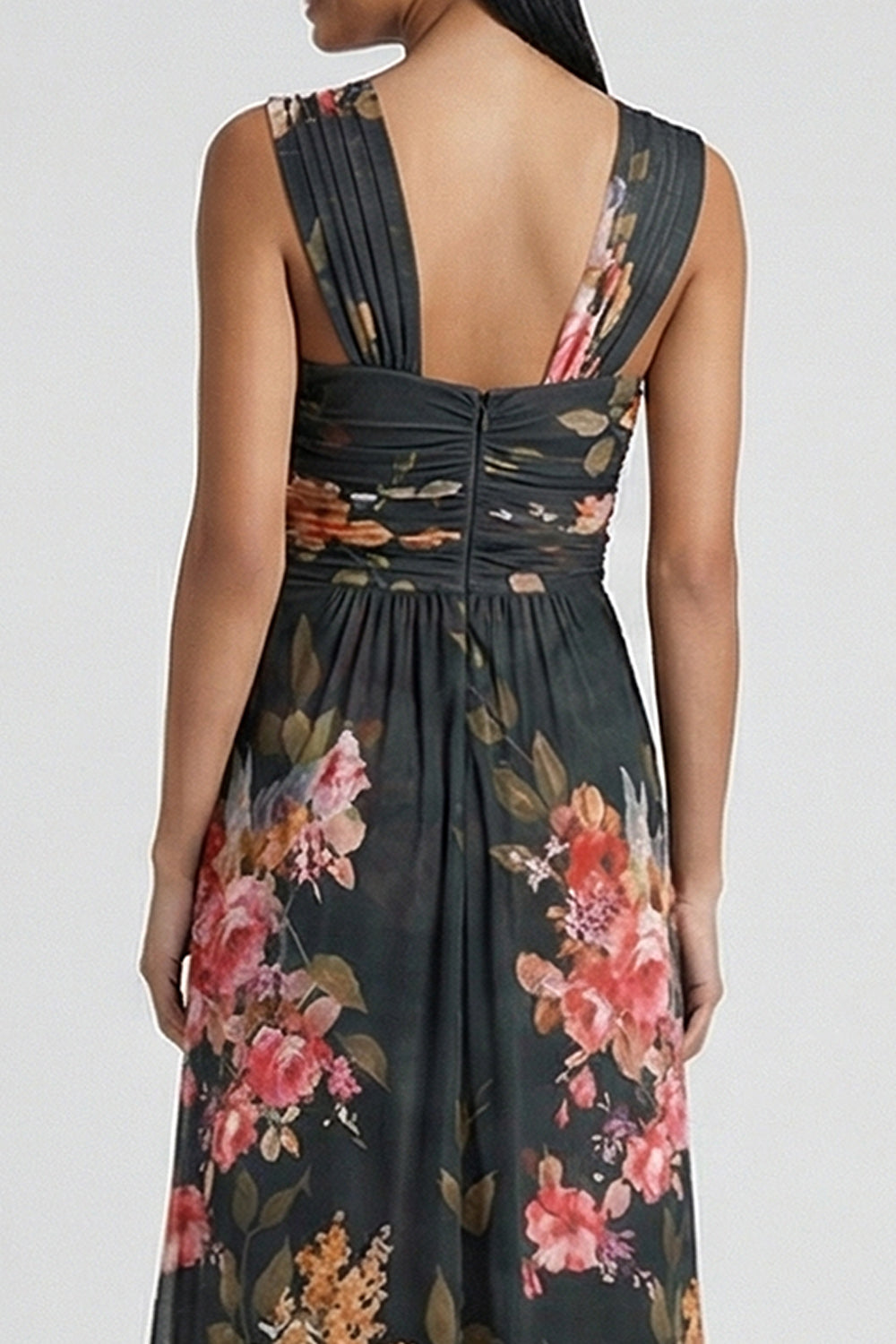 Black Floral Ruched Mermaid Long Wedding Guest Dress with Slit