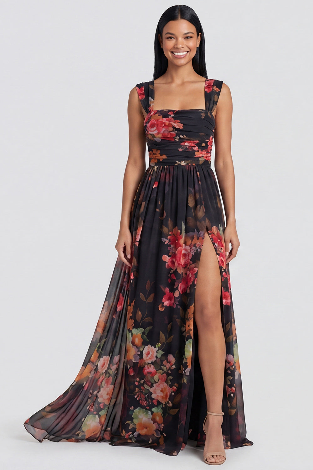 Black Floral Square Neck Ruched A Line Long Wedding Guest Dress with Slit