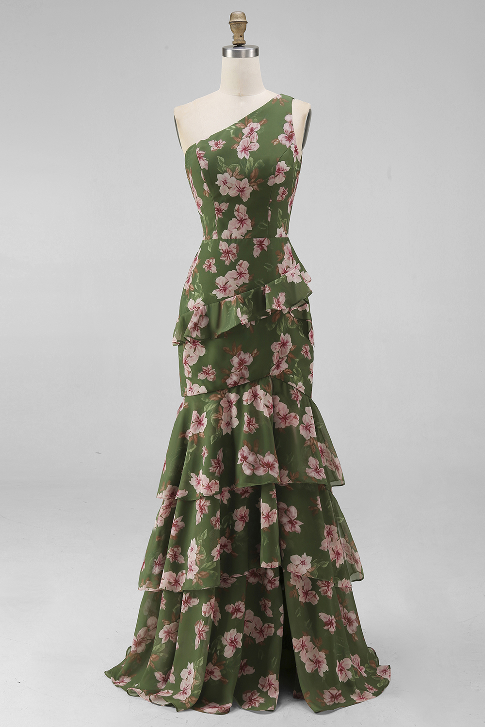 Dark Green Ruffled One Shoulder Floral Long A Line Wedding Guest Dress with Slit