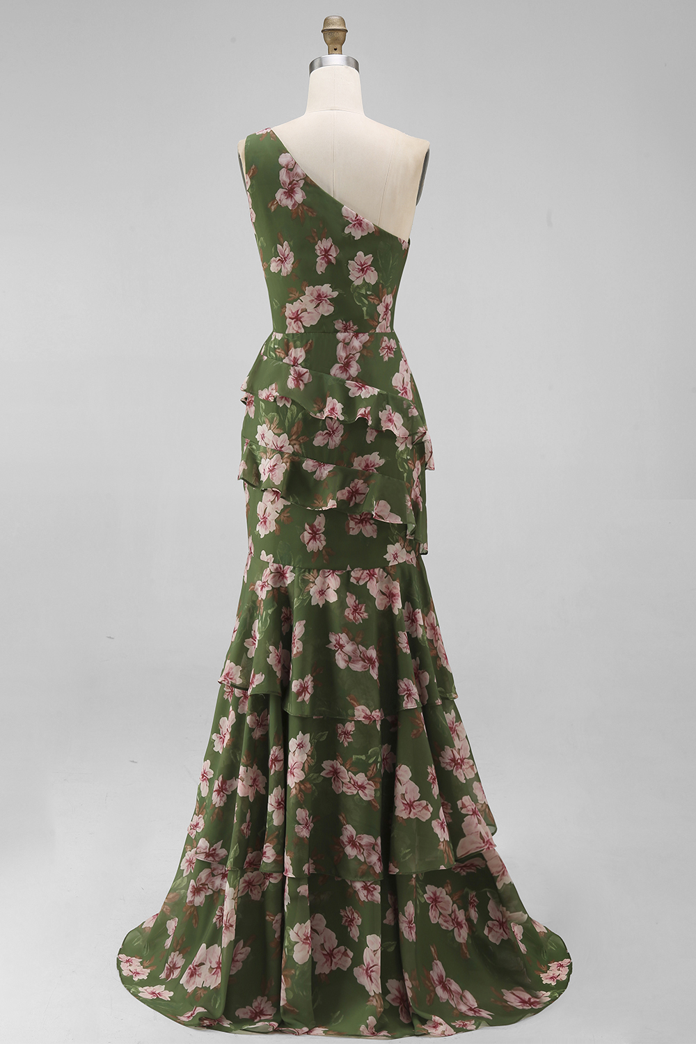 Dark Green Ruffled One Shoulder Floral Long A Line Wedding Guest Dress with Slit